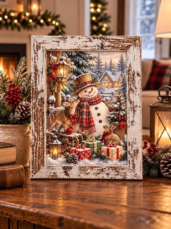 Other - Festive Snowman Framed Holiday Art - Rustic White Frame 5x7